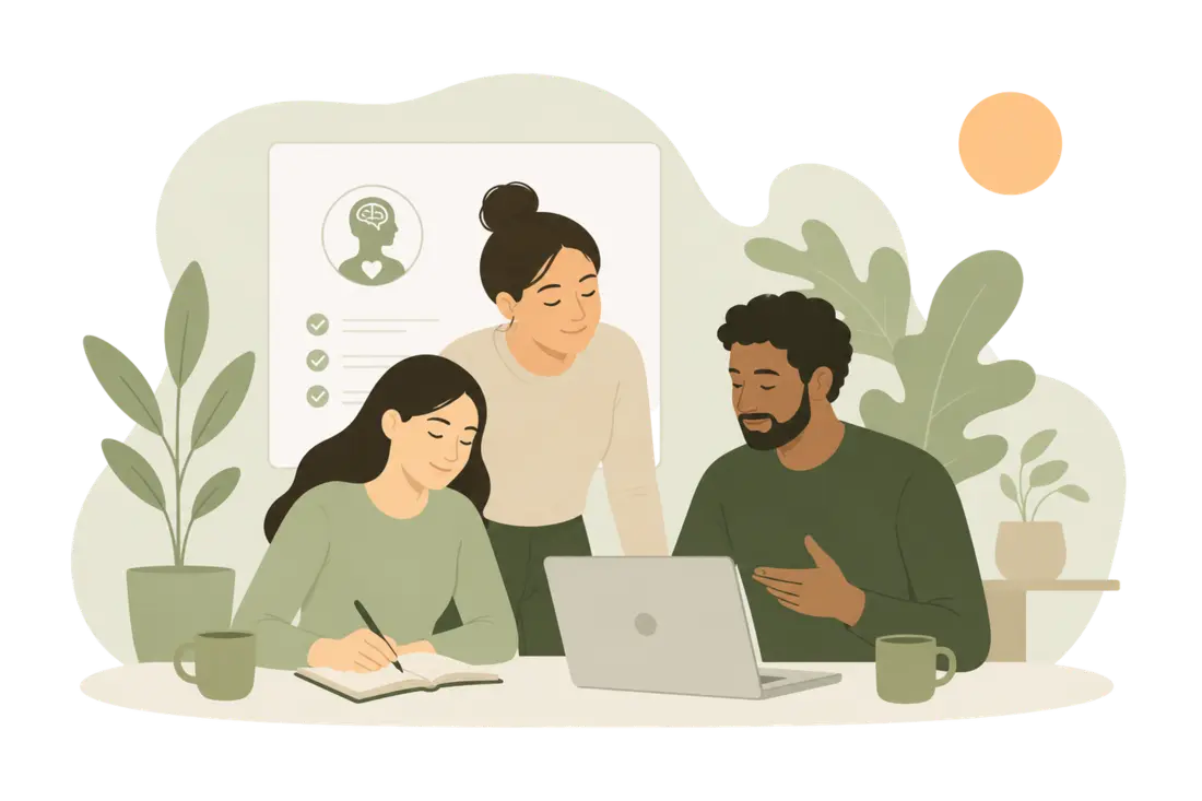 A team working together around a laptop