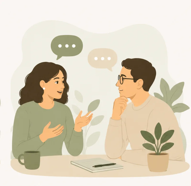 Two colleagues in a thoughtful conversation