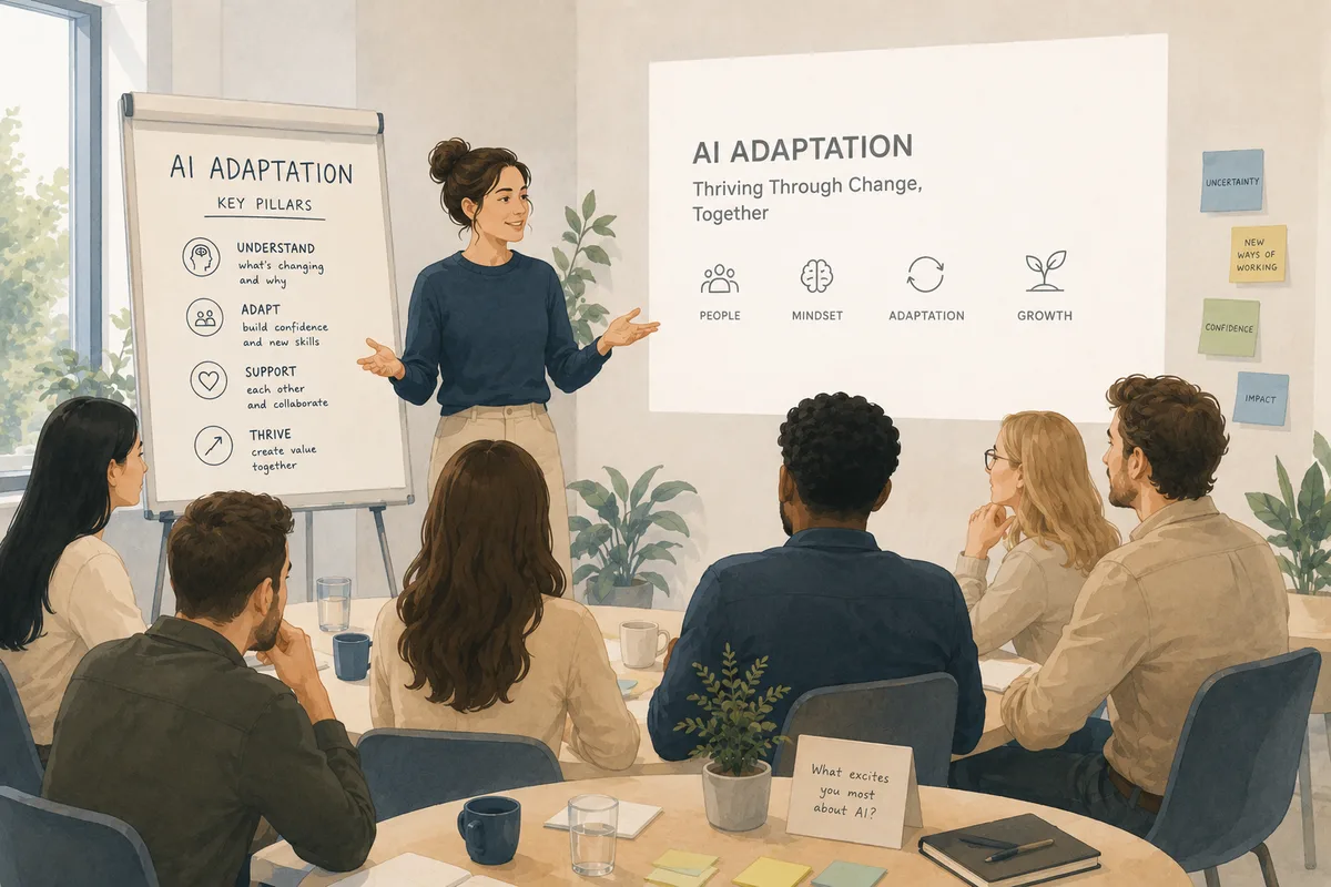 Facilitator presenting AI adaptation pillars — people, mindset, adaptation, growth — to a seated team