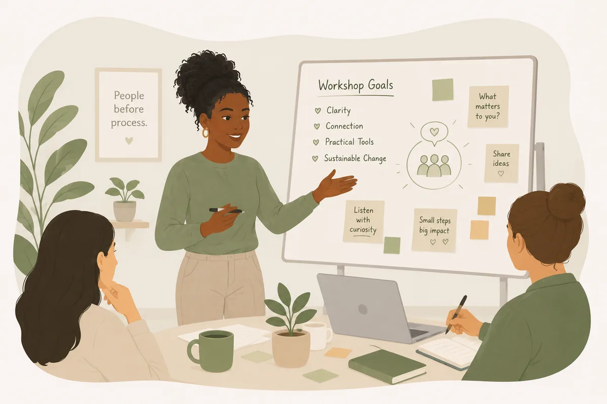 Facilitator presenting workshop goals — clarity, connection, practical tools, sustainable change — at a whiteboard