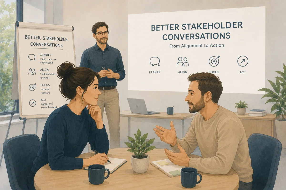 Facilitator guiding a conversation workshop — clarify, align, focus, act — while two participants talk